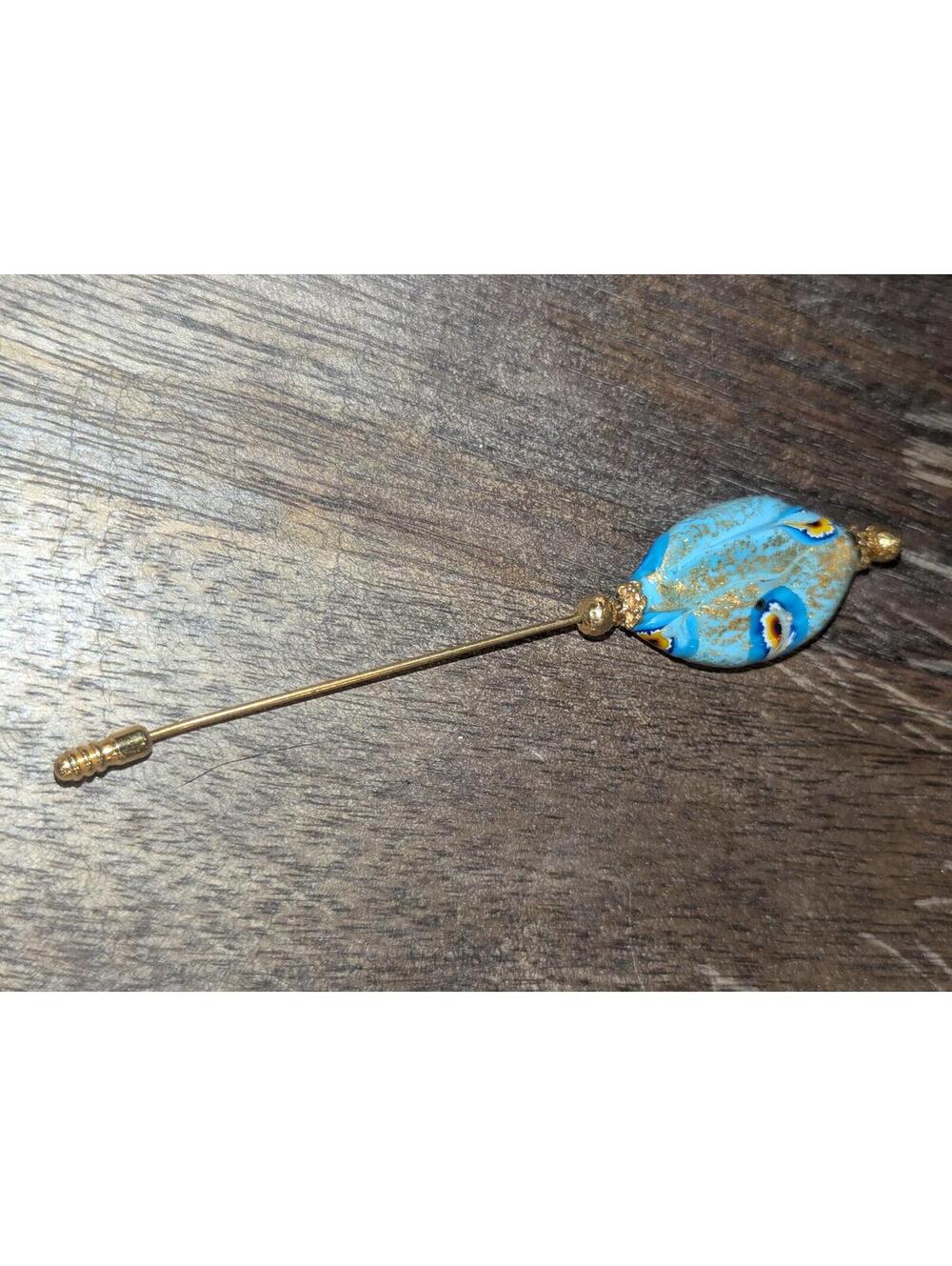 Vintage Blue Glass and Gold Tone Stick Pin